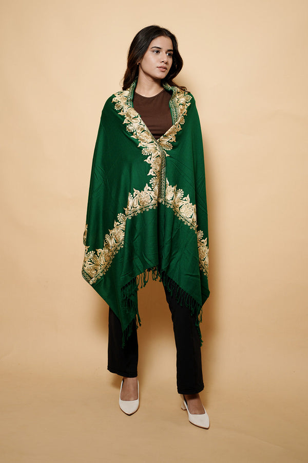 Bottle Green Colour Pure Wool Tilla  Embroidary Stole CraftKashmir