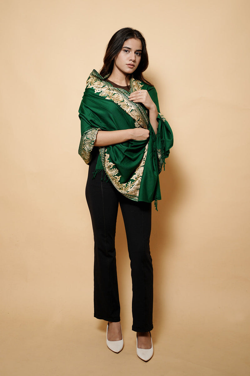 Bottle Green Colour Pure Wool Tilla  Embroidary Stole CraftKashmir