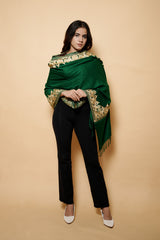 Bottle Green Colour Pure Wool Tilla  Embroidary Stole CraftKashmir
