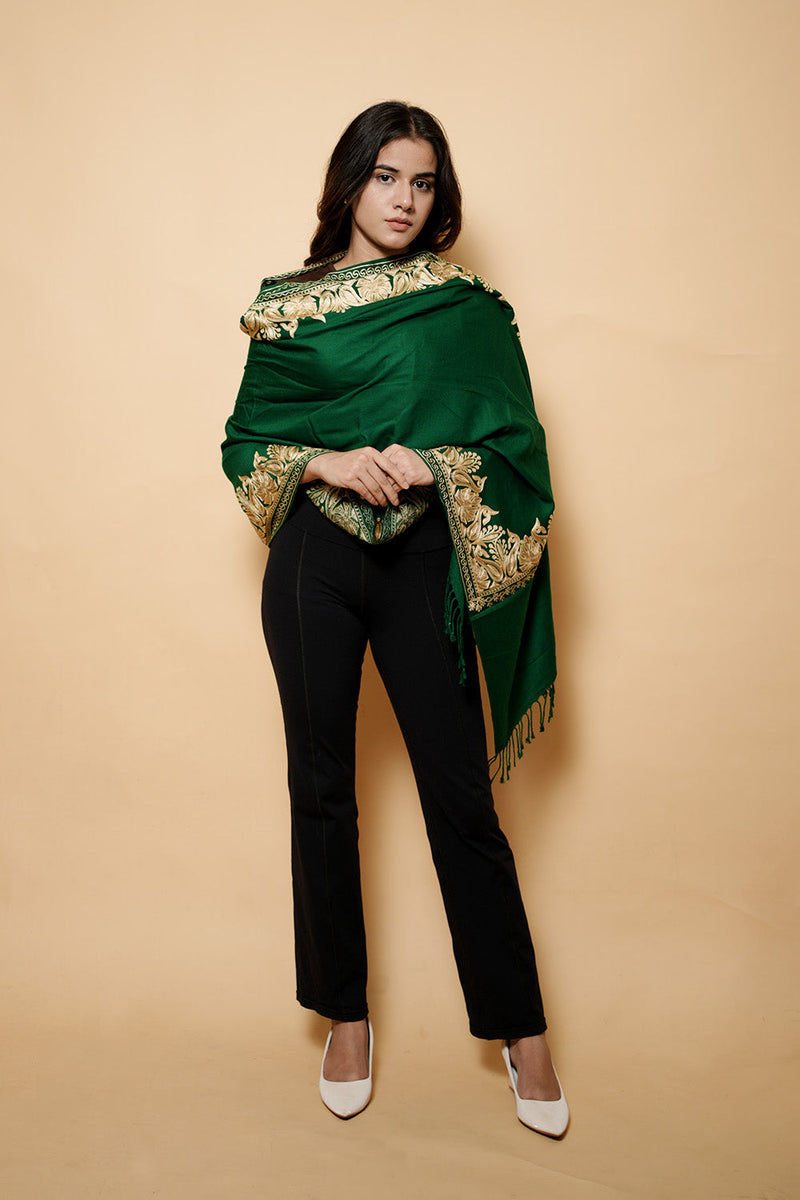 Bottle Green Colour Pure Wool Tilla  Embroidary Stole CraftKashmir