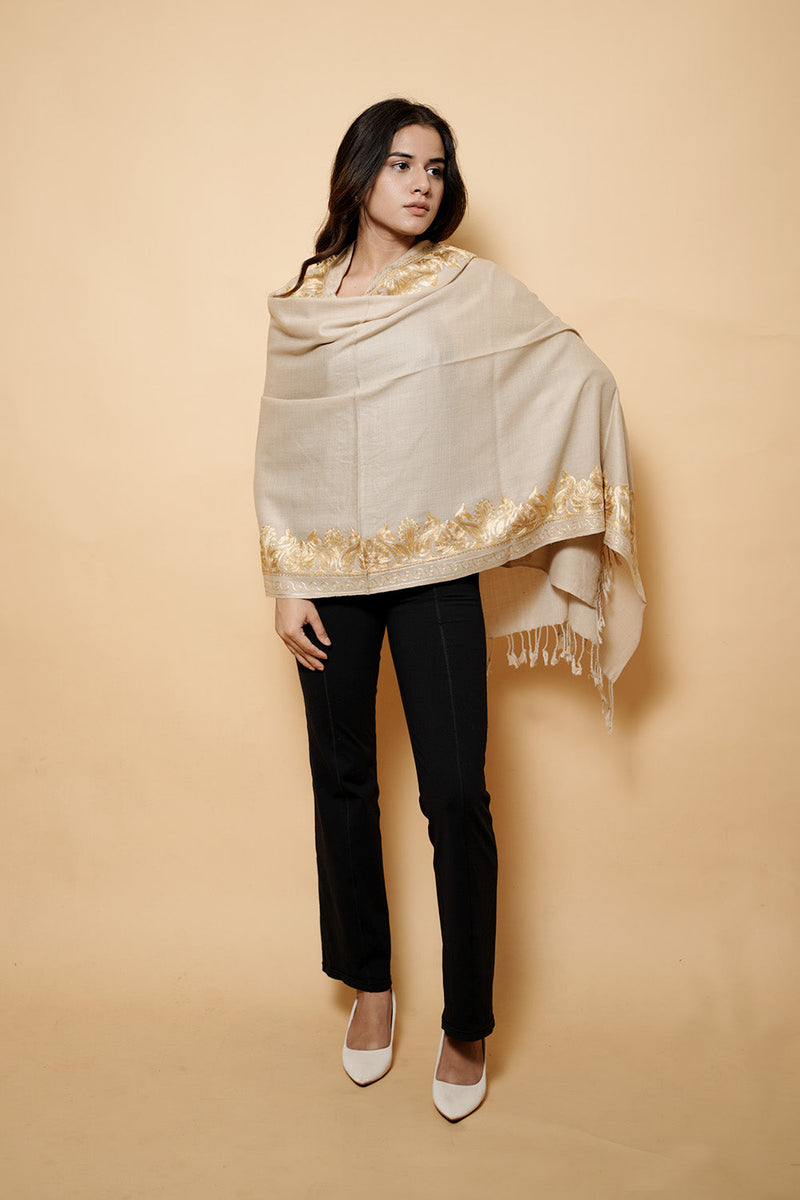 Beige Colour Pure Wool Tilla  Embroidary Stole CraftKashmir