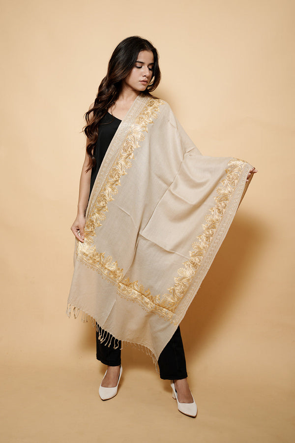 Beige Colour Pure Wool Tilla  Embroidary Stole CraftKashmir