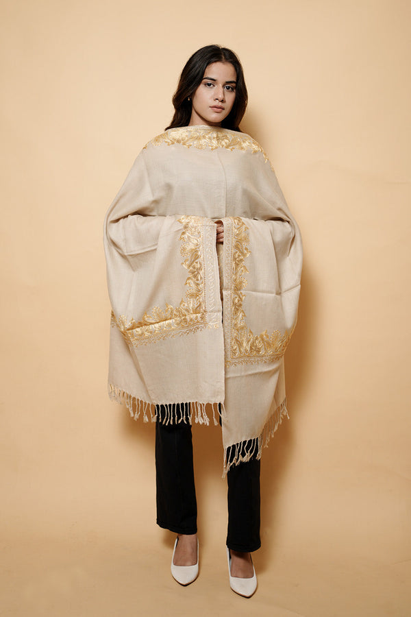 Beige Colour Pure Wool Tilla  Embroidary Stole CraftKashmir