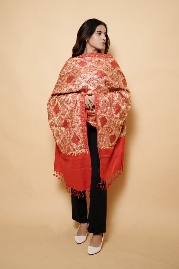 Red Colour Pure Wool  Embroidered Stole CraftKashmir