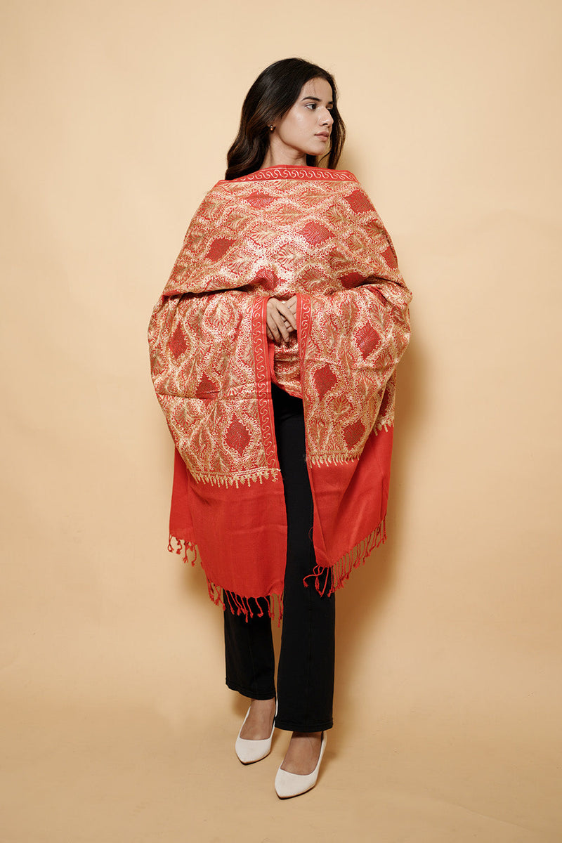 Red Colour Pure Wool  Embroidered Stole CraftKashmir