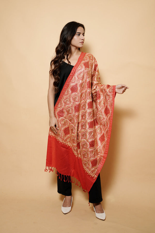 Red Colour Pure Wool  Embroidered Stole CraftKashmir