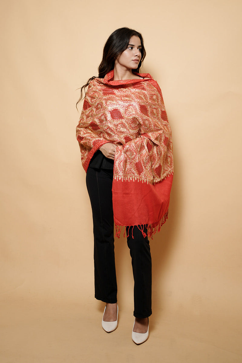 Red Colour Pure Wool  Embroidered Stole CraftKashmir