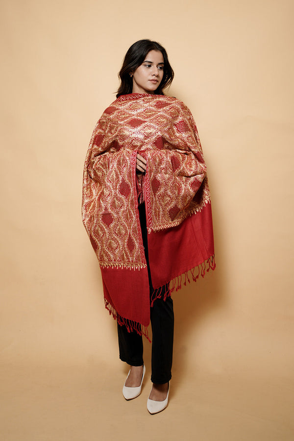 Maroon Colour Pure Wool  Embroidered Stole CraftKashmir