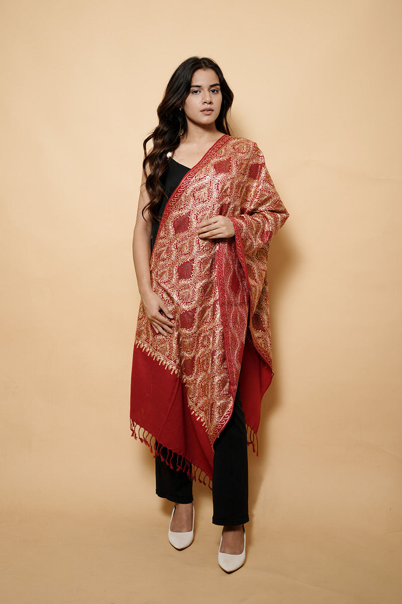 Maroon Colour Pure Wool  Embroidered Stole CraftKashmir