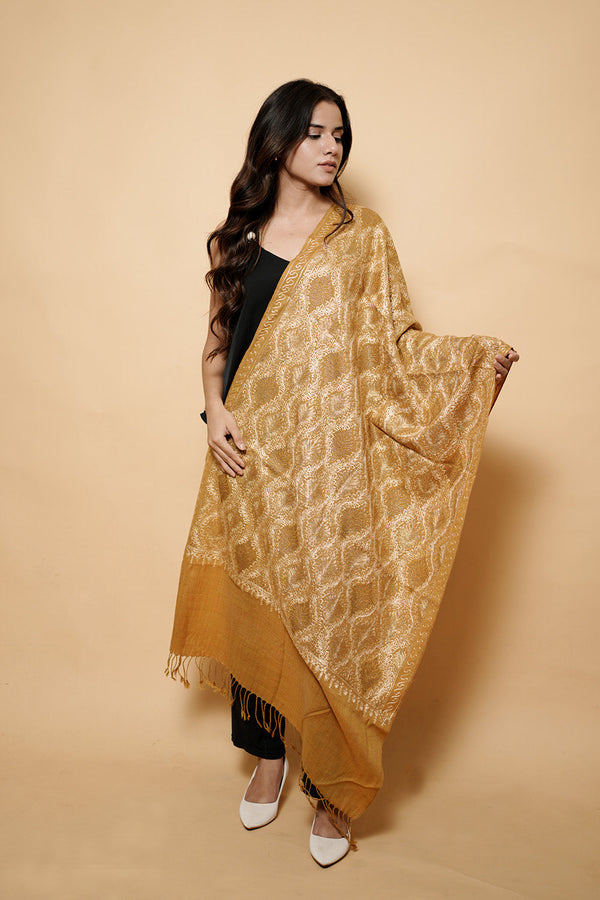 Kashmiri Mustard Colour Pure Wool  Embroidered Stole CraftKashmir