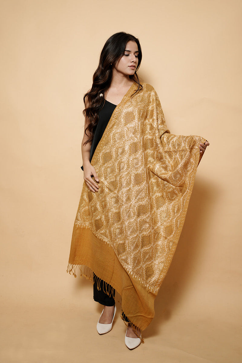 Kashmiri Mustard Colour Pure Wool  Embroidered Stole CraftKashmir
