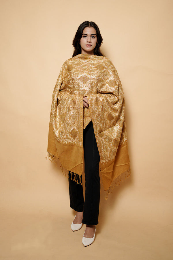 Kashmiri Mustard Colour Pure Wool  Embroidered Stole CraftKashmir