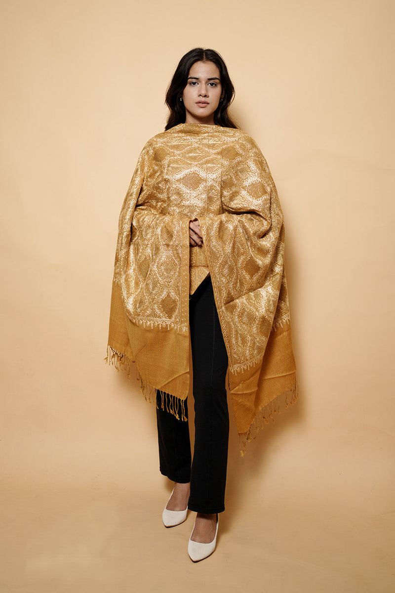 Kashmiri Mustard Colour Pure Wool  Embroidered Stole CraftKashmir