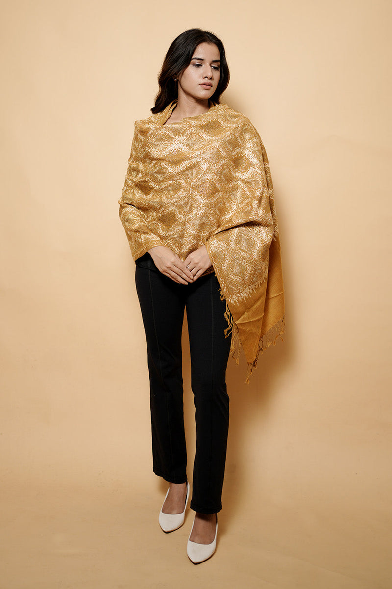 Kashmiri Mustard Colour Pure Wool  Embroidered Stole CraftKashmir