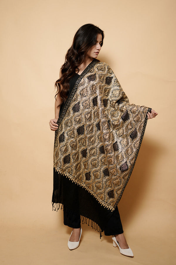 Black Colour Pure Wool  Embroidered Stole CraftKashmir