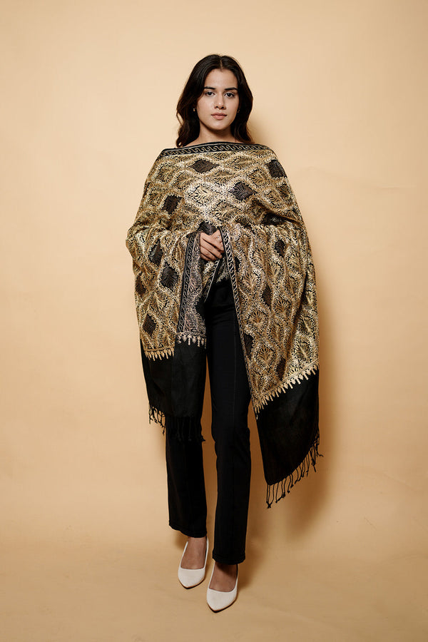Black Colour Pure Wool  Embroidered Stole CraftKashmir