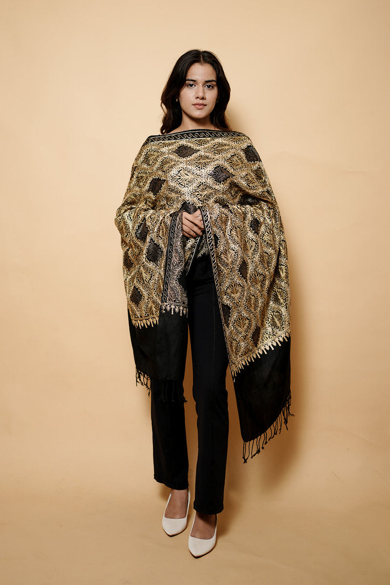Black Colour Pure Wool  Embroidered Stole CraftKashmir