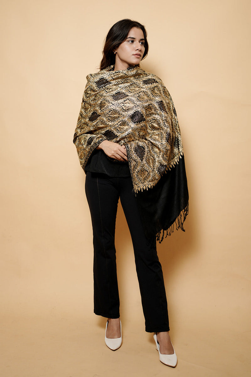 Black Colour Pure Wool  Embroidered Stole CraftKashmir