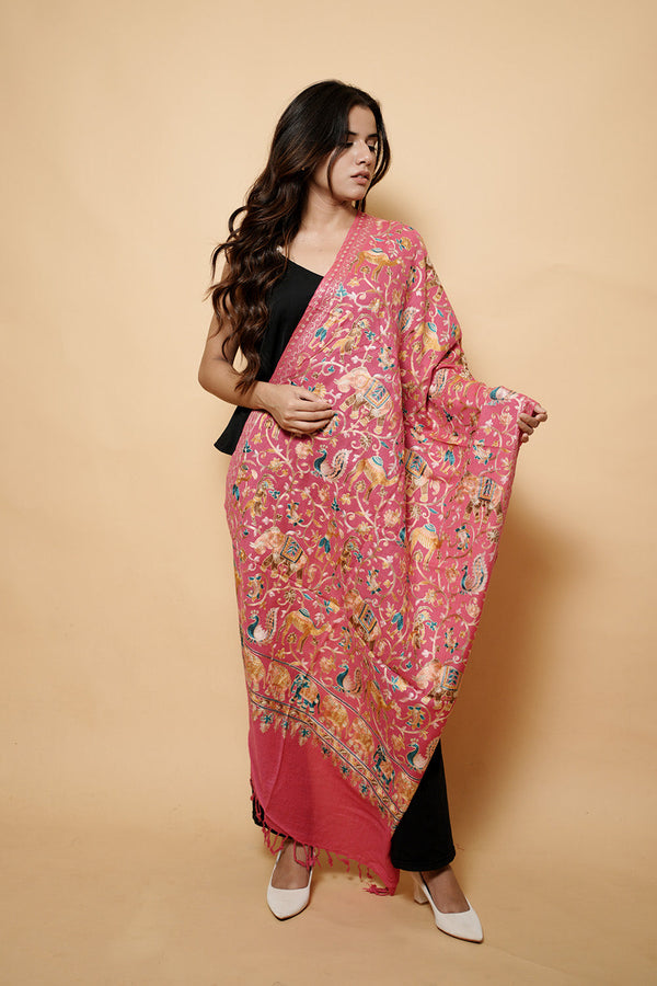 Pink Colour Kashmiri Embroidery Stole With Animal Motif CraftKashmir