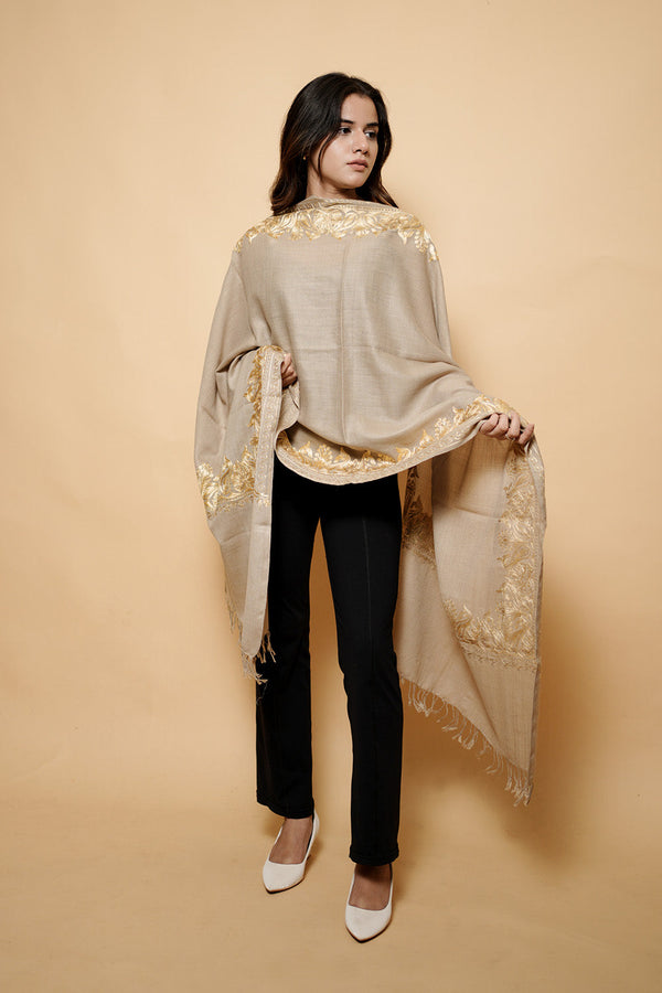 Light Brown Colour kashmiri Pure Wool Tilla  Border Embroidary Stole CraftKashmir
