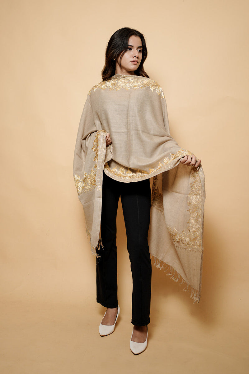 Light Brown Colour kashmiri Pure Wool Tilla  Border Embroidary Stole CraftKashmir