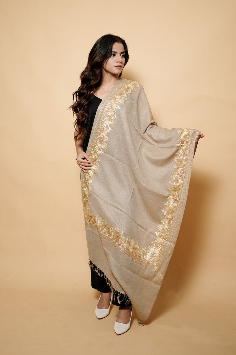 Light Brown Colour kashmiri Pure Wool Tilla  Border Embroidary Stole CraftKashmir