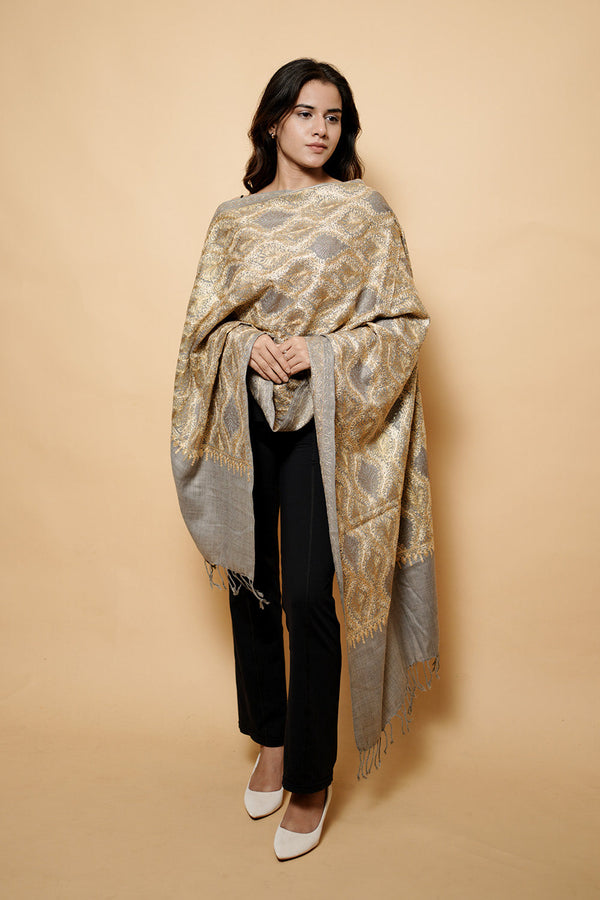 Grey Colour Pure Wool  Embroidered Stole CraftKashmir