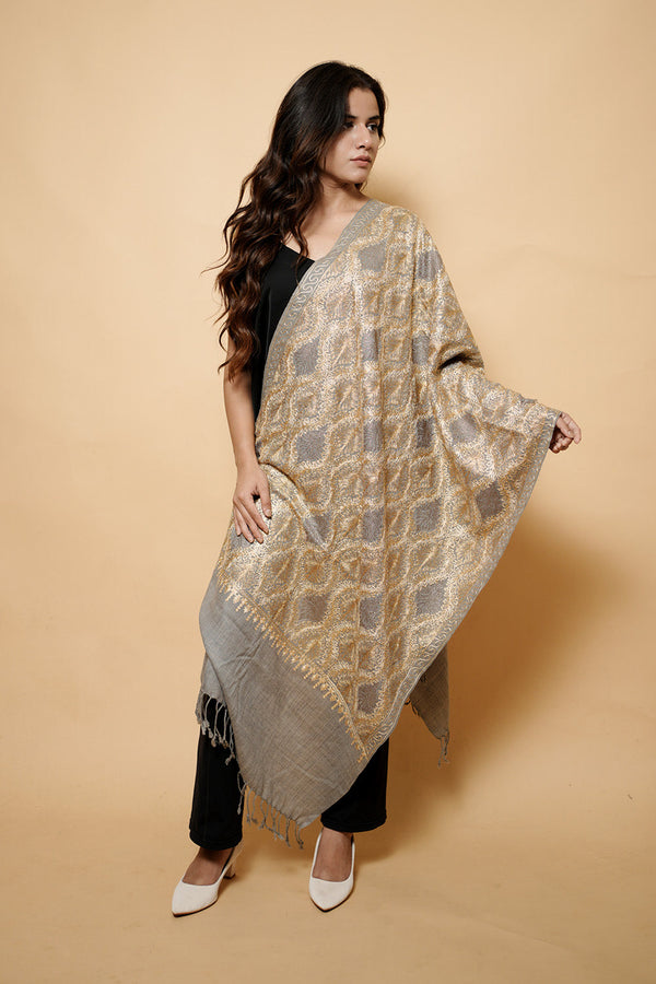 Grey Colour Pure Wool  Embroidered Stole CraftKashmir