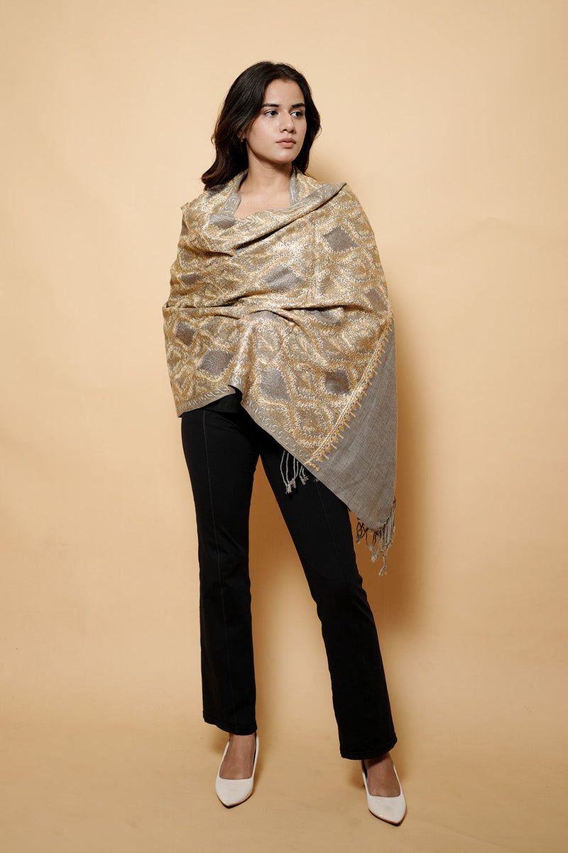 Grey Colour Pure Wool  Embroidered Stole CraftKashmir
