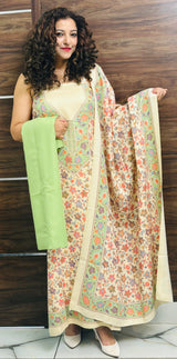 Off White color woolen salwar kameez With Stole All Over Classy Green Kani Print CraftKashmir