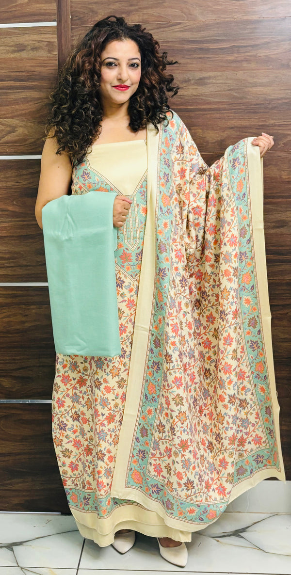 Off White  colour woollen salwar kameez With Stole All Over Kaani Print CraftKashmir