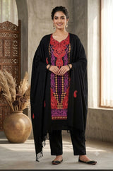 Black Kashmiri woollen unstitched salwar kameez with embroidery and stole