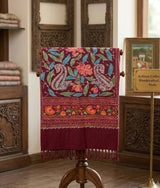 Maroon Kashmiri Woolen Stole with Traditional Paisley (Kalka) & Floral Aari Work CraftKashmir