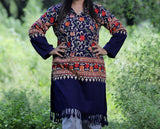 Blue Kashmiri embroidered woolen kurti worn by a woman