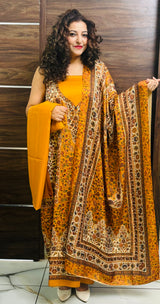 Mustard colour  woollen salwar kameez With Stole All Over Kaani Print CraftKashmir