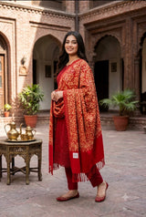 Red Kashmiri Aari Embroidered Wool Shawl with Heavy Jaal CraftKashmir