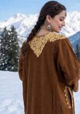 Rich Brown Kashmiri Woolen Pheran with Golden Aari Embroidery (Front & Back Neck Design) CraftKashmir