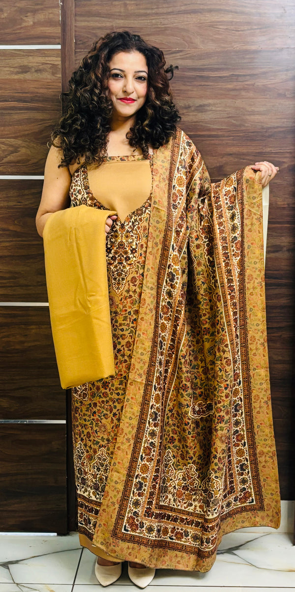 Brown colour  woollen salwar kameez With Stole All Over Kaani Print CraftKashmir