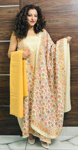 Cream colour woollen salwar kameez With Kani Stole All Over Mustard Chinar Kaani Print CraftKashmir
