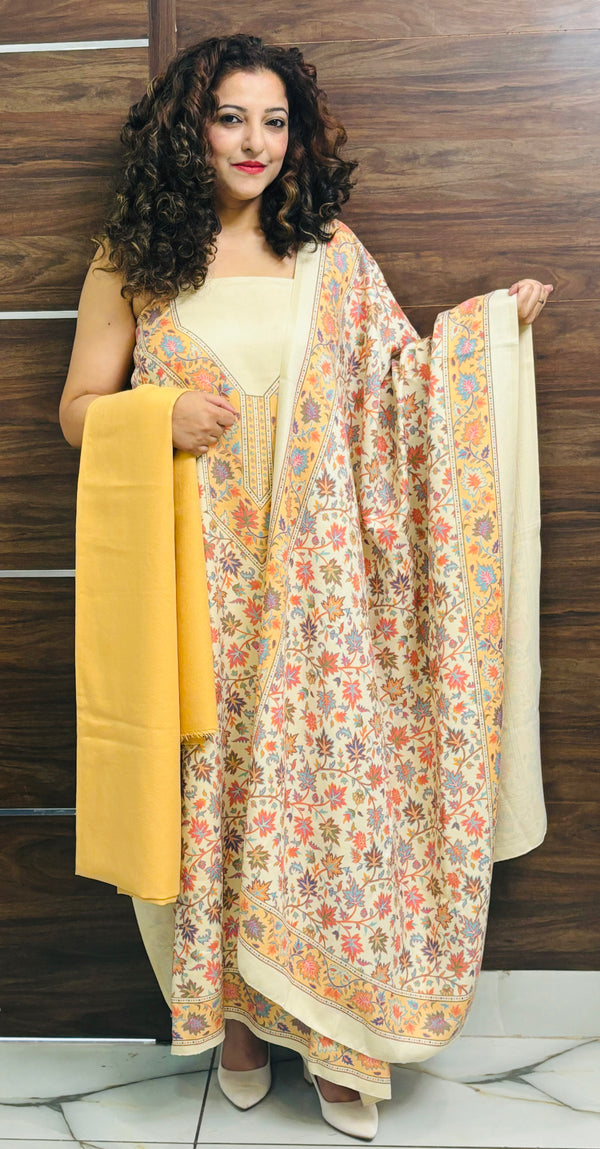 Cream colour woollen salwar kameez With Kani Stole All Over Mustard Chinar Kaani Print CraftKashmir