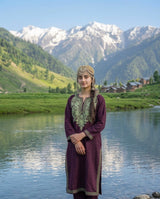 Plum Wine Kashmiri Woolen Pheran with Sage Green Floral Aari Embroidery CraftKashmir