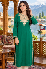 ⁠Emerald Green Kashmiri Aari Embroidered Cotton Kurti | Craft Kashmir⁠ CraftKashmir