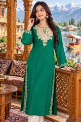 ⁠Emerald Green Kashmiri Aari Embroidered Cotton Kurti | Craft Kashmir⁠ CraftKashmir
