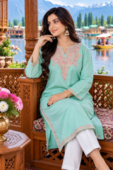 Mint Green Kashmiri Aari Embroidered Cotton Kurti | Craft Kashmir CraftKashmir