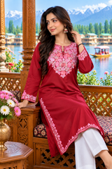 Maroon Kashmiri Aari Work Summer Cool Kurti CraftKashmir