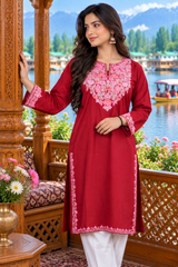 Maroon Kashmiri Aari Work Summer Cool Kurti CraftKashmir