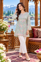 Pastel Green Kashmiri Aari Work Georgette Kurti – Elegant Ethnic Wear CraftKashmir