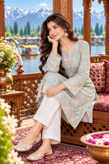 Pastel Green Kashmiri Aari Work Georgette Kurti – Elegant Ethnic Wear CraftKashmir