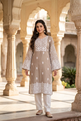 Beige Kashmiri Kashidakari Georgette Kurti – Elegant Ethnic Wear CraftKashmir