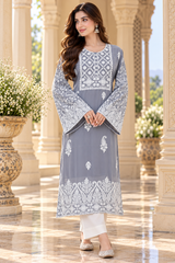 Grey Kashmiri Kashidakari Georgette Kurti – Elegant Ethnic Wear CraftKashmir